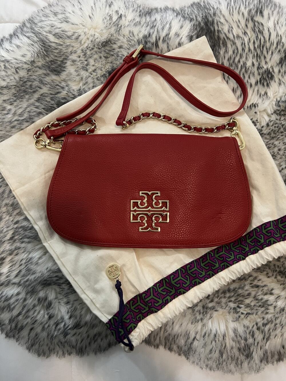 Tory Burch Pebbled Leather Logo Crossbody Bag Magnetic Red w/Dustbag